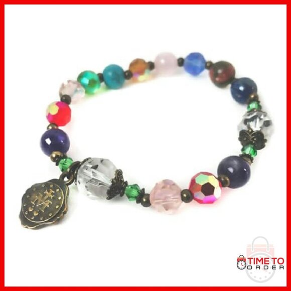 Genuine Stone Crystal Rosary Bracelet Virgin Mary Medal Charm - Picture 4 of 7